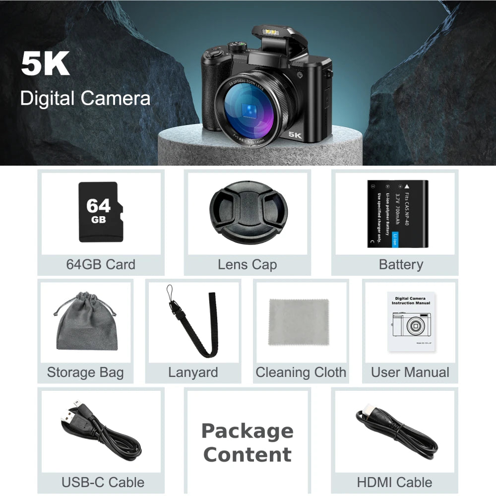 5K Digital Camera for Photography, 64MP Touch Screen Autofocus Vlogging Camera with Selfie Lens, 5X Optical Zoom, 64GB SD Card.
