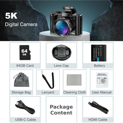 5K Digital Camera for Photography, 64MP Touch Screen Autofocus Vlogging Camera with Selfie Lens, 5X Optical Zoom, 64GB SD Card.