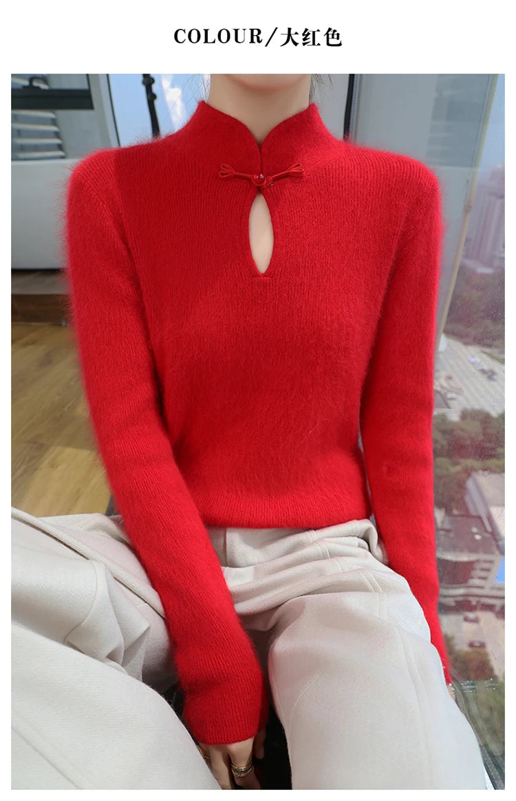 2024 autumn winter new 100% mink cashmere sweater women's pullover slim-fit long sleeve solid color stand collar bottom knitwear