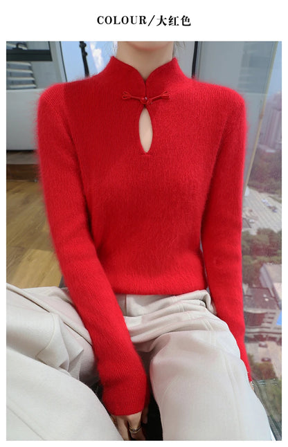 2024 autumn winter new 100% mink cashmere sweater women's pullover slim-fit long sleeve solid color stand collar bottom knitwear