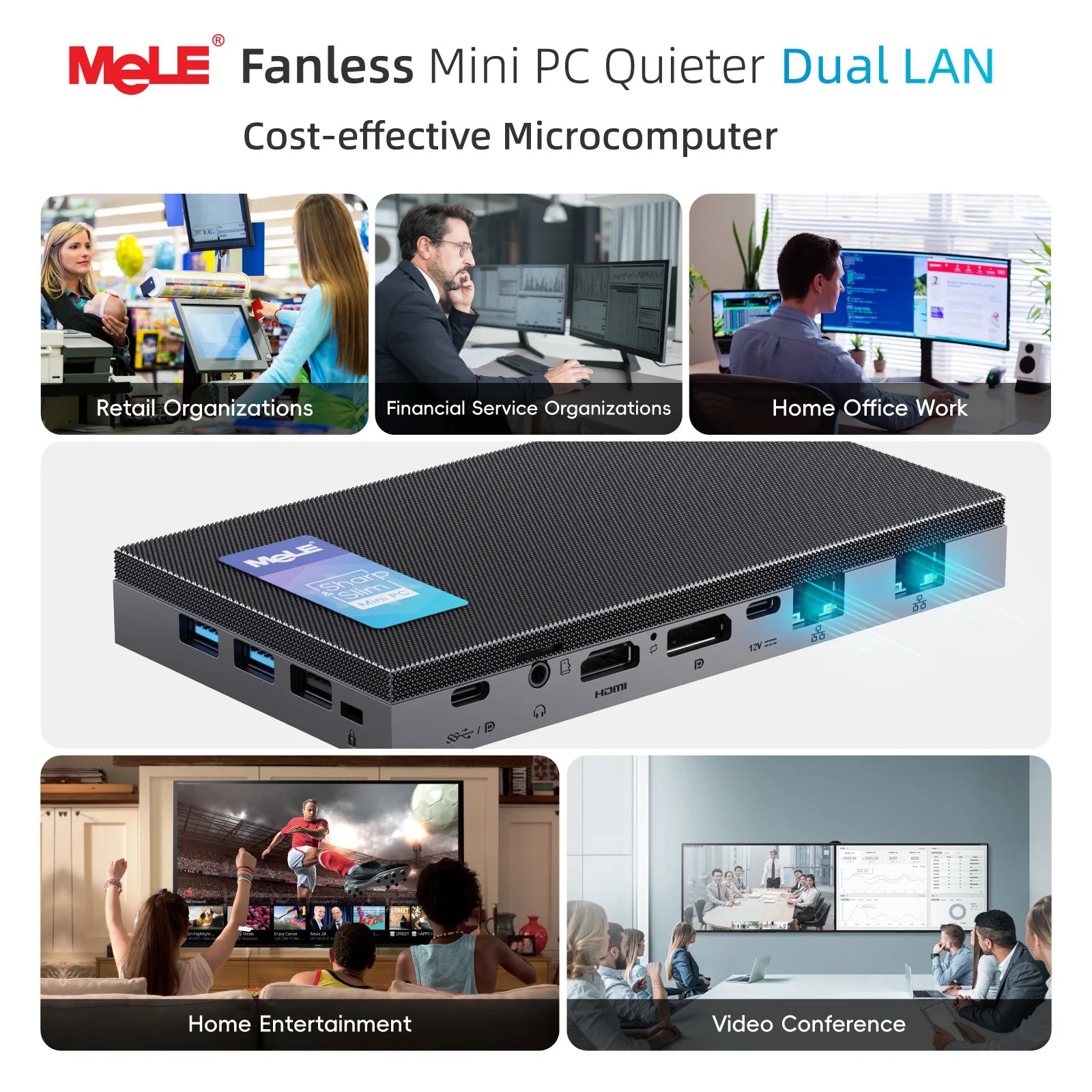 MeLE QuieterDL Fanless Mini PC 2.5Gb Dual LAN N100 Micro PC USB-C HDMI2.0+DP1.4 Triple Display Desktop Computers.