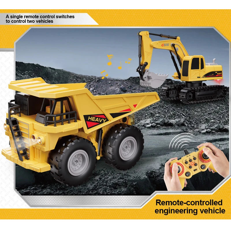 2 In 1 Rc Truck Combination Set Trailer Flat Trucks with 11Ch Excavator Engineer Vehicle 2.4G Remote Control Car Christmas Gifts.