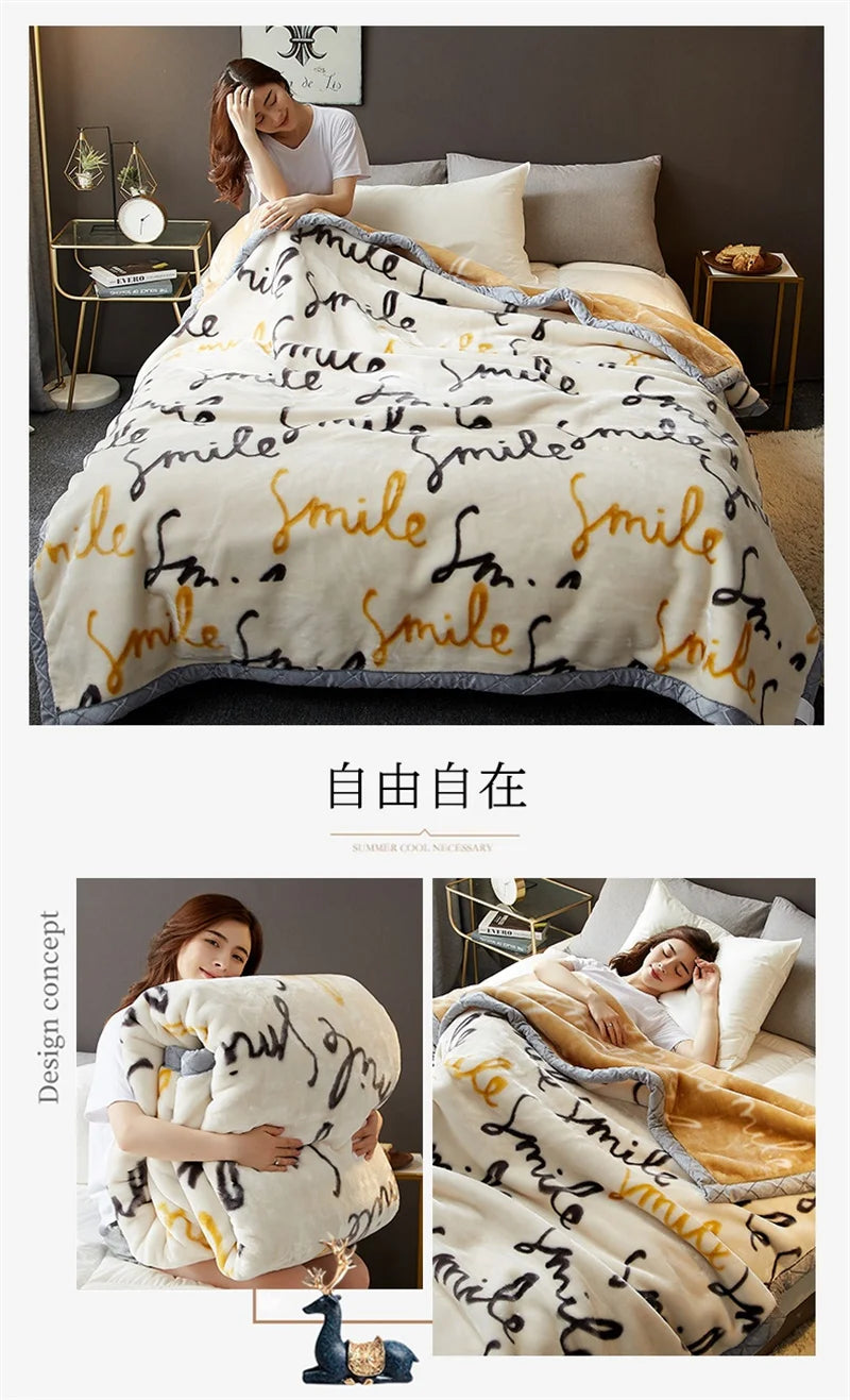 Double Sided Printed Autumn Winter Blankets for Bed Soft Warm Encrypted Flocking Raschel Blanket Skin Friendly Weighted Blanket