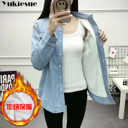 2022 Casual winter Autumn warm thick fleece denim Blouses Women Ladies Tops Women Blouses Long Sleeve Shirt clothe S-3XL.