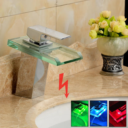 Smart Bathroom Faucet with Temp Light, Anti-Scald LED Indicator, Brass Construction, Waterfall LED Faucet, LED Color Changing