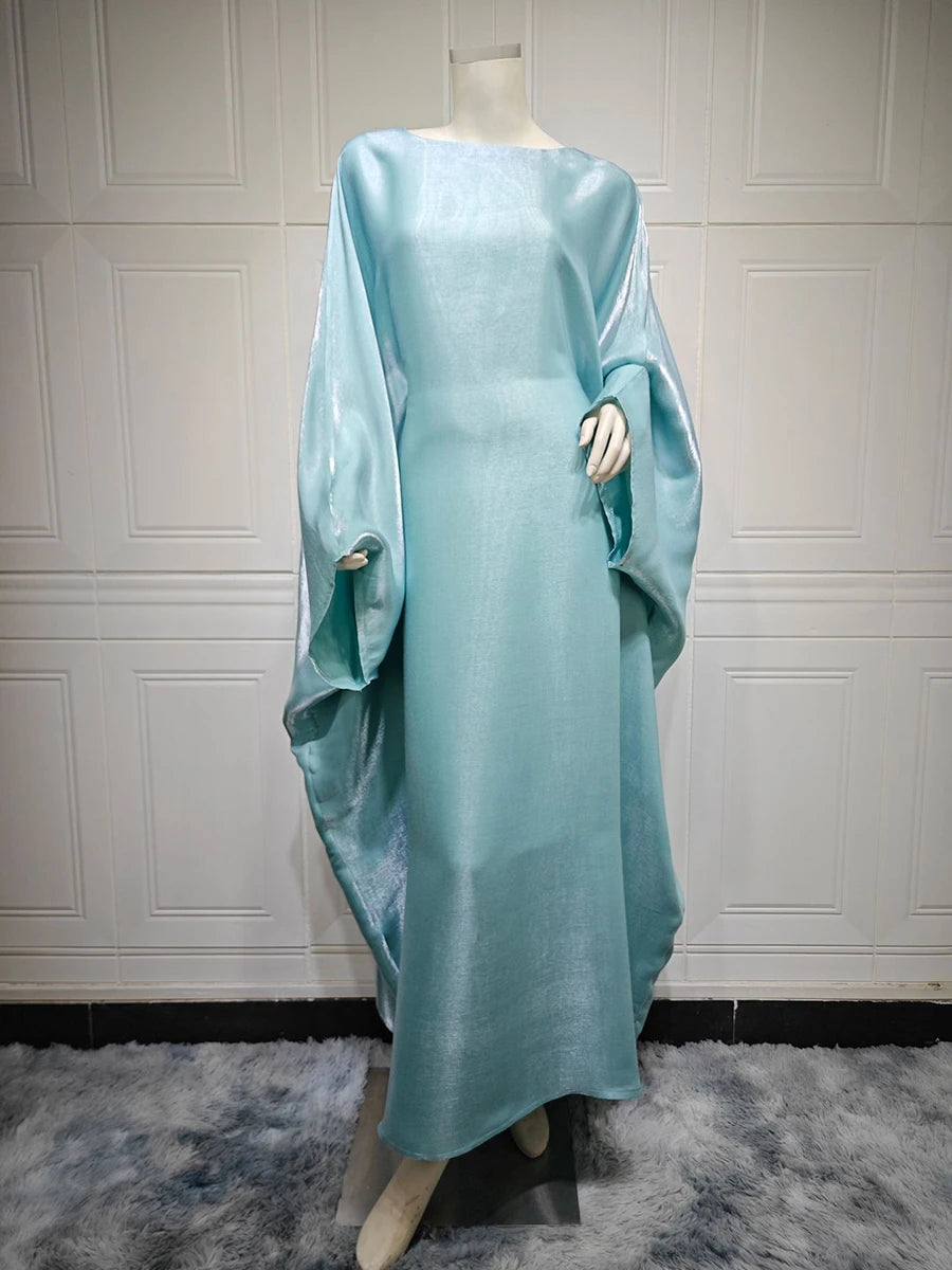 Siskakia Muslim 2024 New Eid Dresses Solid Shiny Satin Batwing Sleeve Modest Kebaya Turkish African Women Abayas Saudi Clothing
