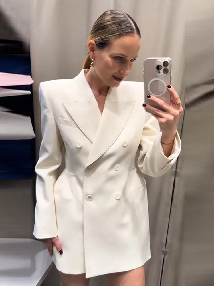 Elegante Zweireiher Blazer Mantel Frauen Schlank Revers Schulter Pads Langarm Jacke 2025, Herbst Büro Dame Pendeln Outer.