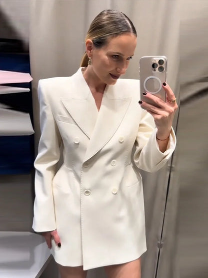 Elegante Zweireiher Blazer Mantel Frauen Schlank Revers Schulter Pads Langarm Jacke 2025, Herbst Büro Dame Pendeln Outer.