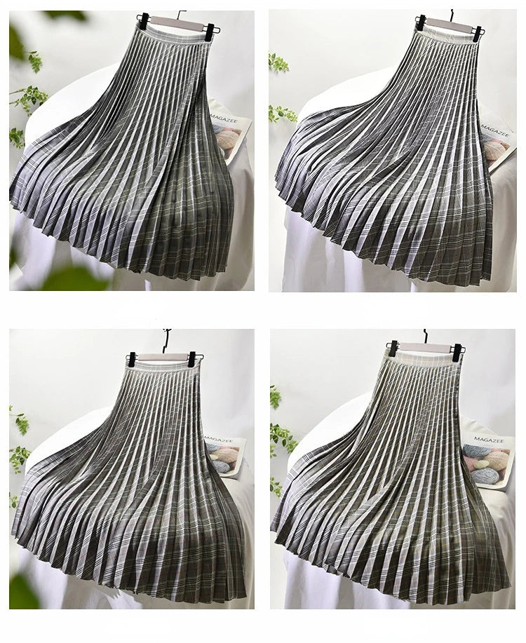 Looks Thin Pleated Skirt 2025 New High Waist A-line Skirt Mid-length Big Size Plaid Skirt Long Pleated Skirt Length 75-90cm