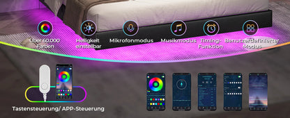 LED-beleuchtetes 180 x 200 cm großes Polsterbett mit Gestell, Gitterbettgestell, schwebender schwarzer Bettrahmen für Schlafzimmer