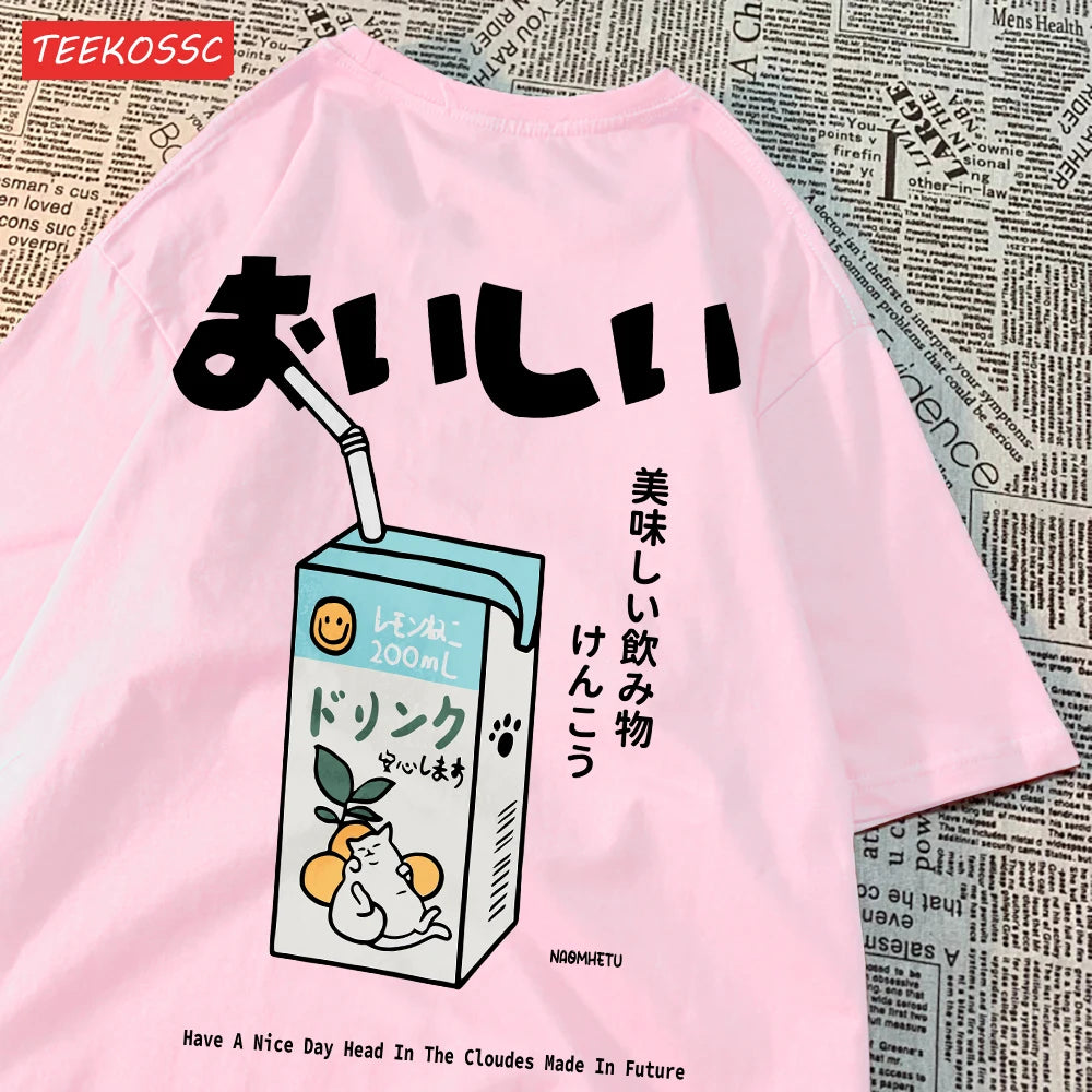 Cute Japanese Cat Print Oversized T-shirt Women Men Short Sleeve Loose Casual Tee Shirt Streetwear Tops Cotton Harajuku Clothing