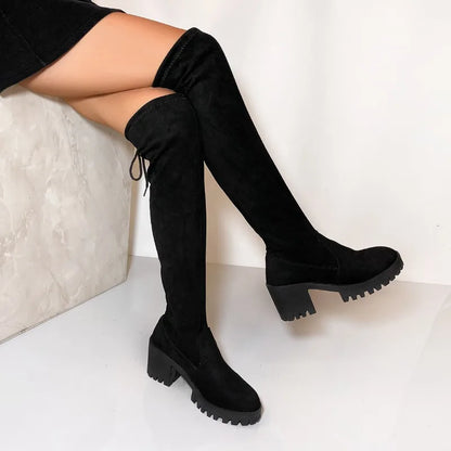 2025 Spring and Autumn Winter Over The Knee Boots Stretch Skinny Leg Long Tube Women's Boots Round Toe High Heel Plus Size.