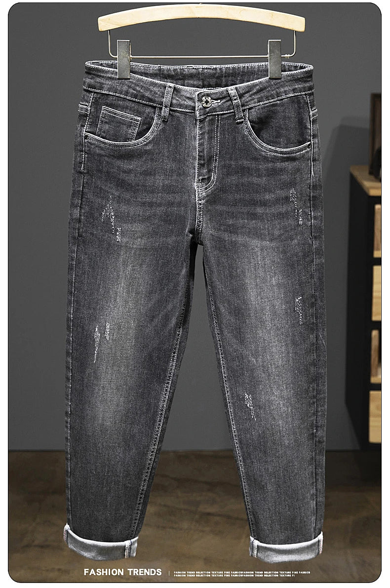 2024 New Spring Autumn Men's Nine-Point Pants Slim Jeans Fashion Casual Denim Trousers Smoke Gray Blue Gray Brand Clothing.