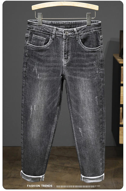 2024 New Spring Autumn Men's Nine-Point Pants Slim Jeans Fashion Casual Denim Trousers Smoke Gray Blue Gray Brand Clothing.