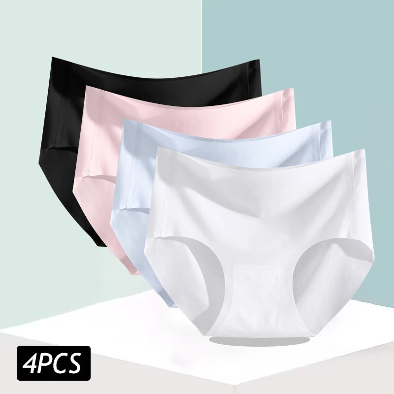4PCS/Set Women's Ice Silk Seamless Panties Ultra Thin Briefs Breathable Underwear Female High Waist Intimates Lingerie Plus Size