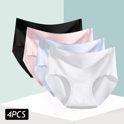 4PCS/Set Women's Ice Silk Seamless Panties Ultra Thin Briefs Breathable Underwear Female High Waist Intimates Lingerie Plus Size