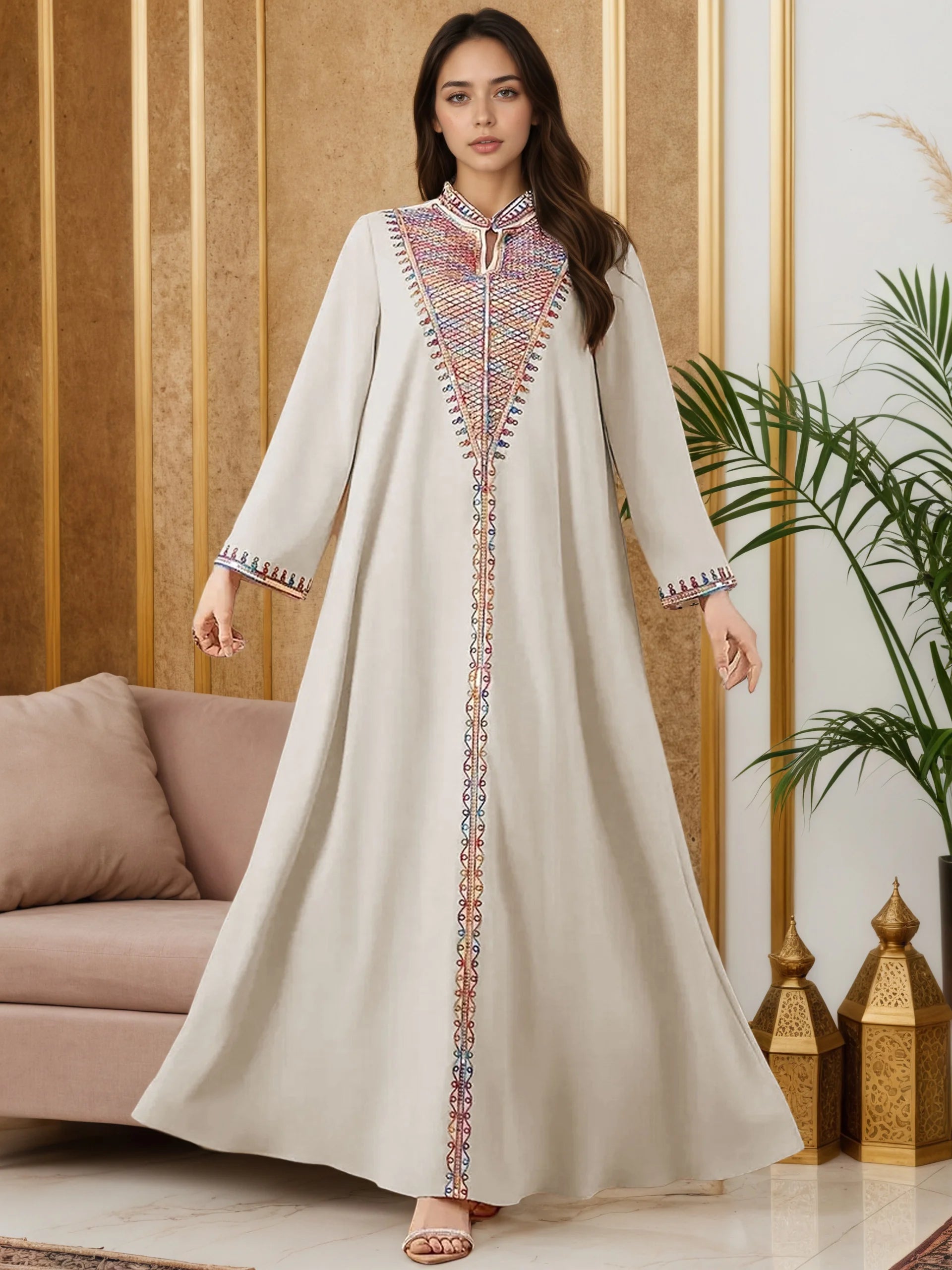 Trendy Muslim Abaya in Deep Blue Adorned with Intricate Multicolored Embroidery for Arabian Social Galas Modest Islam Fashion.