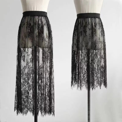 2 Length Elegant Black Skirt White Lace Transparent Long Tulle Skirt Ladies Elastic High Waist Beach Midi Skirt Drop shipping.