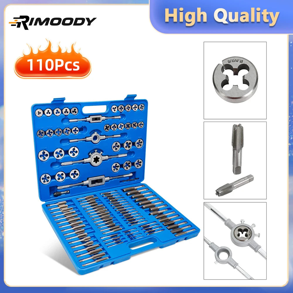 Rimoody 110-teiliges Gewindebohrer- und Sterbenlagerstahl-Titan-Werkzeugset, metrische und standardmäßige Gewindebohrer- und Matrizenhalter, Werkzeug- und Autoreparatur-Werkzeug-Set-Box