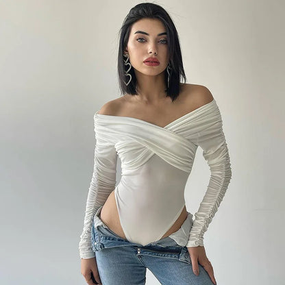 Cryptographic Fashion Ruched Sexy Backless Wrap Bodysuit Elegant Off Shoulder Slim Long Sleeve White Tops One Piece Skinny Fall.