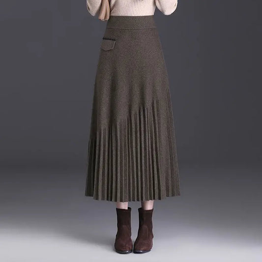 Temperament Autumn Winter New Skirts Women Solid High Waist Pleated Fashion Office Lady A-line Mid-length Knitting Pleated Skirt.