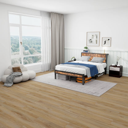 120x200 cm Metallrahmen mit Stauraumkopf, Einzelbettrahmen mit Metallplattform, geräuschfrei, kein Boxspring erforderlich, Vintage-Braun