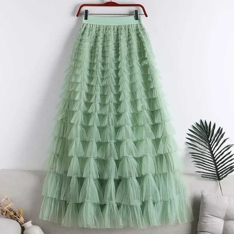 Chamliforve Women Tulle Mesh Skirt Elegant Elastic Waist Fairy Long A-line Tutu Skirt for Spring Summer Long Cake Skirt.