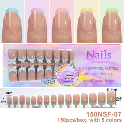 150Pcs/Box Acrylic Press on Nails Full Cover Fake False Tips Soft Gel Extension T-shaped Oval Capsule Almond Sculpted Salon DIY.