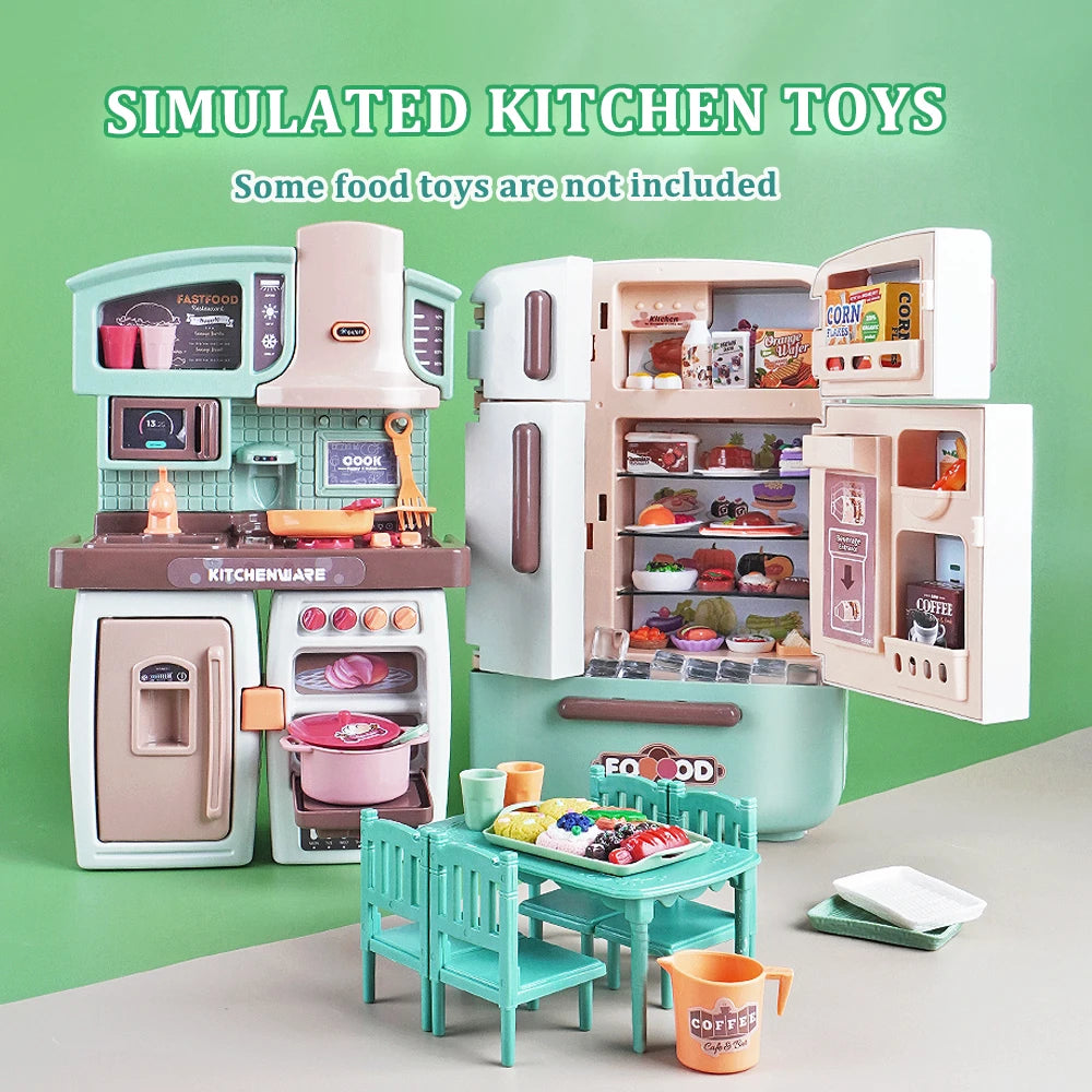 Miniature Mini Food Cooking Set Real Oven Realistic Meals Kids Kitchen Set Double Door Refrigerator With Music And Lights Play.