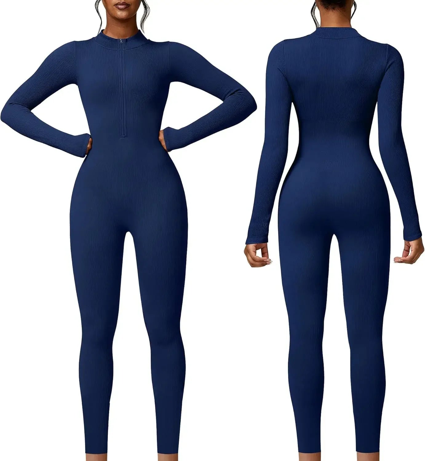Seamless Long Sleeve Yoga Suit Waist-Fitted Shaping Trousers Casual Sports One-Piece Zippered Fitness Wear.