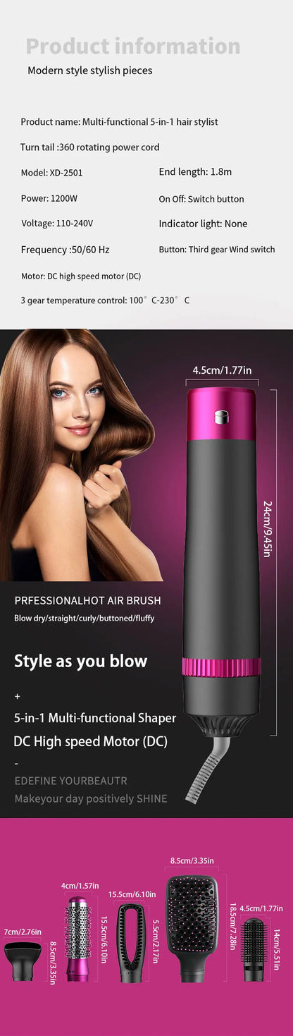 HOMEFISH 5 in 1 Hair Dryer Brush Hot Air Brush & Volumizer Styler Set with Interchangeable Brush Head Negative Ionic Blow Dryer.