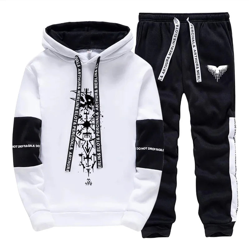 Fall Winter Daily Casual Sporty Jogger Sportswear Viking Raven Print Outfits 2025 New Fashion Men's Tracksuit Hoodies Sweatpants.