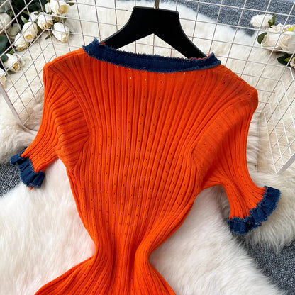 YuooMuoo Chic Mode Sexy Pakete Gestrickte Maxi Kleid Frühling Sommer Vintage Denim Patchwork Lange Pullover Kleid Dame Vestidos.