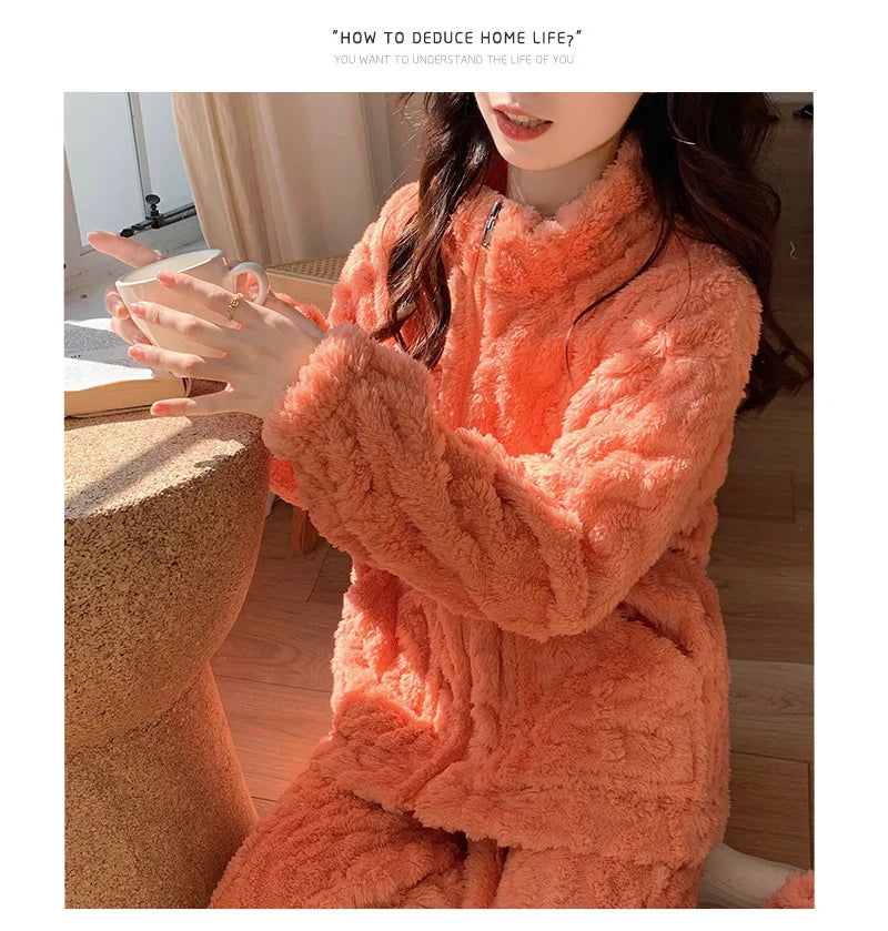 Große Größe Flanell Pyjama Set Herbst Winter Weibliche Nachtwäsche Hosen Anzug Verdicken Korallen Fleece Hohe Kragen Lounge Tragen Homewear