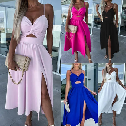 Damenbekleidung im neuen Stil von Amazon, Tank-V-Ausschnitt, großes Swoop-Kleid, schlank, dass Sie Ihre Silhouette glättet, mittellanges Kleid mit offenem Rücken.