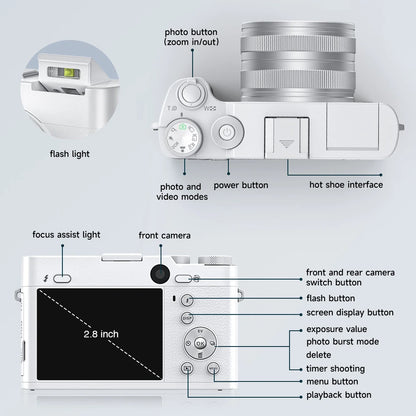 5K 64MP WiFi Digital Camera, 6X Optical Zoom, 30FPS Vlogging Camera, Rear & Front Cameras for Photography and Video, 64GB Card.