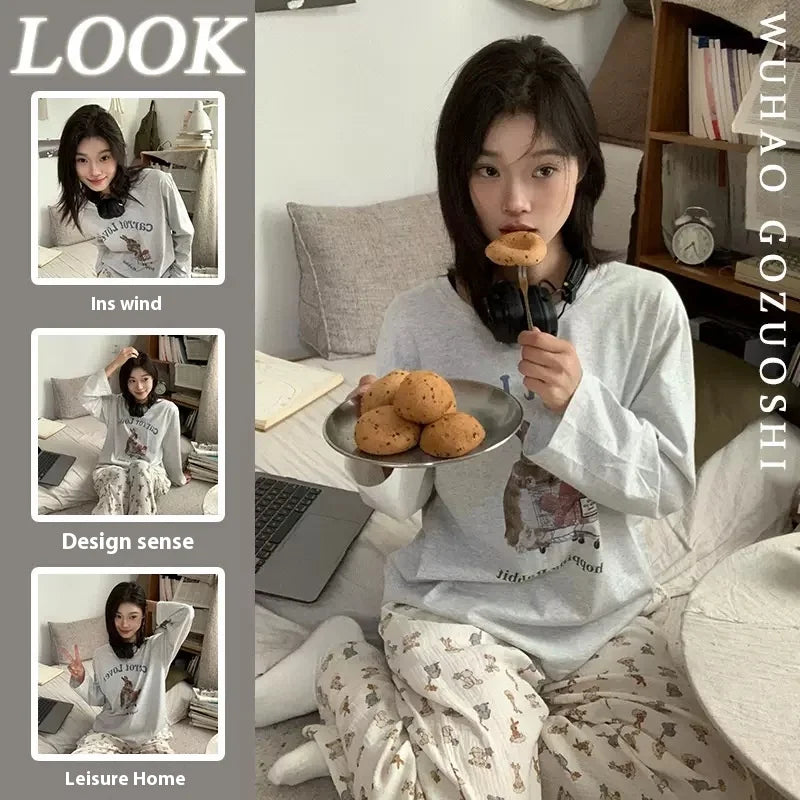 Spring and Autumn New Women's Cartoon Ins Style Pajamas Homewear Suit Girls Students Long-Sleeved Sweet Pajamas Loose Homewear.