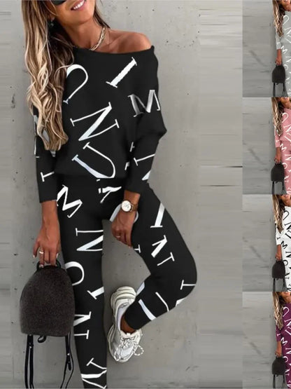 Autumn New Women's Fashion Letter Print Sexy Off Shoulder Long Sleeved Leggings Long Pants Casual Comfortable Two-piece Set.
