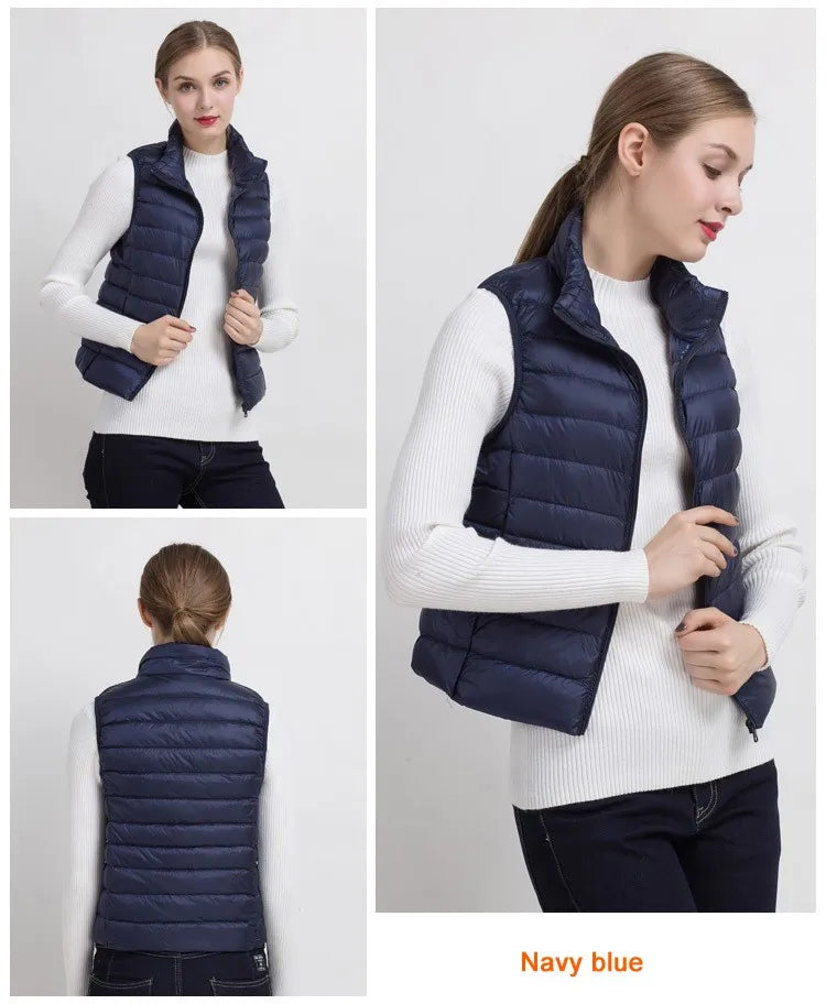0-10 ℃   Frauen Westen Herbst Winter Ultra Licht Ente Unten Weste Weibliche Dünne Ärmellose Jacke Winddicht Warme Puffer Weste 4XL.