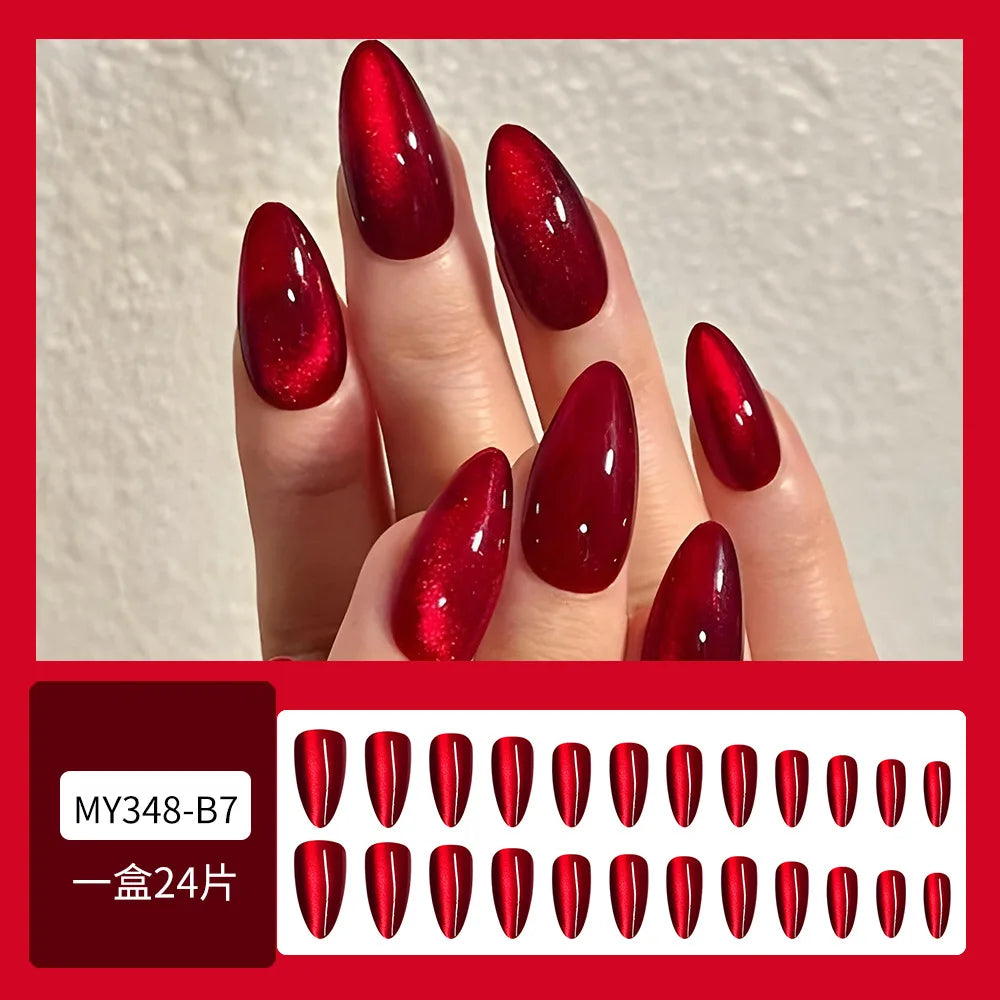 24pcs Glossy Red Cat's Eye Press On Nails Full Cover Nude Color Wearable Almond False Nails Charms Detachable Fake Nail For Girl.