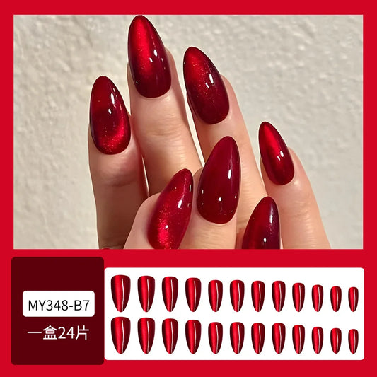 24pcs Glossy Red Cat's Eye Press On Nails Full Cover Nude Color Wearable Almond False Nails Charms Detachable Fake Nail For Girl.