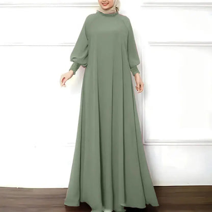 ZANZEA Islamic Hijab Elegant Vestidos Muslim Fashion Shirring Cuff Women Long Sleeve Maxi Dress Solid Ruffled O Neck Abaya Robes.