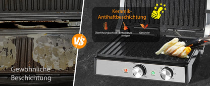 Aigostar contact grill, ceramic-coated, 30-minute timer. Panini grill and sandwich maker for sandwiches, steak, and toasters.