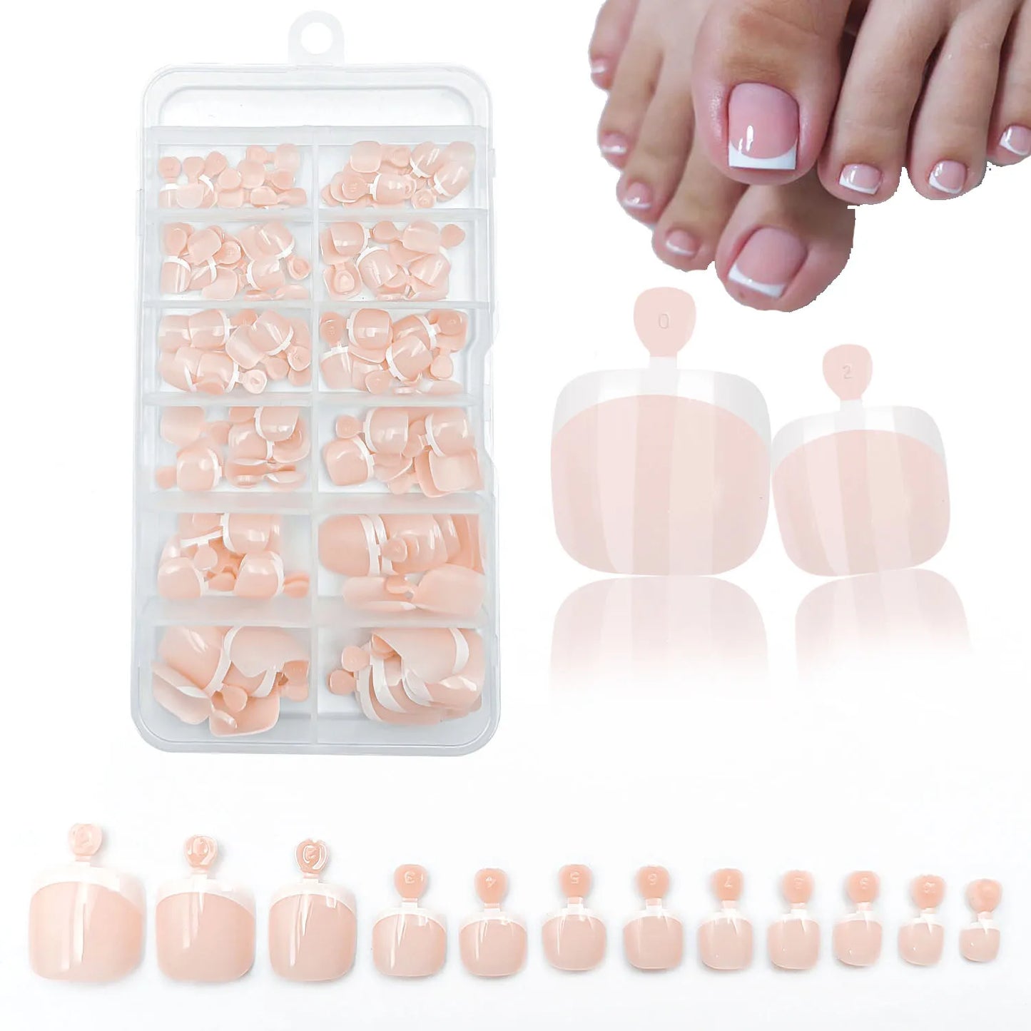 120Pcs Glossy Nude Pink French Press-On-Toenail Set 1*Box Short French Square  Fake Toe Nails Solid-Color Manicure Toenails Tips.