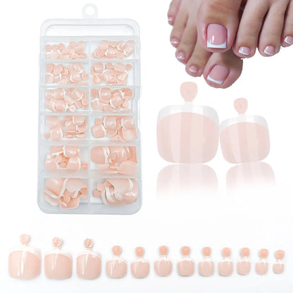 120Pcs Glossy Nude Pink French Press-On-Toenail Set 1*Box Short French Square  Fake Toe Nails Solid-Color Manicure Toenails Tips.