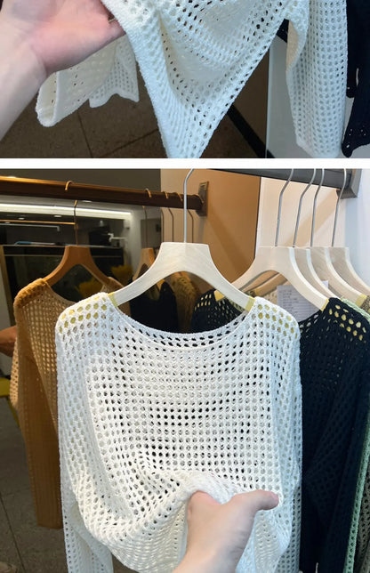 2025 Mesh Vintage Harajuku Langarm Frauen Pullover Koreanische Frühling Sommer Strickwaren Weiche Dünne Tops Chic Solide Femme Pullover.