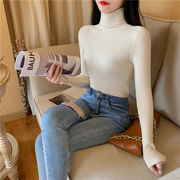 2023 herbst Winter Frauen Langarm Gestrickte Foldover Rollkragen Rippen Pull Pullover Weiche Warme Femme Jumper Pullover Kleidung.