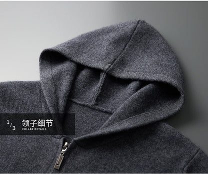 Men's 100% Cashmere Sweater Zipper Hooded Cardigan Warm Air Layer Thickened Jacket Jacquard Casual Knitted Wool Sweater.