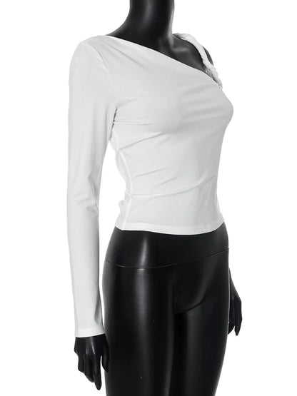 kliou Incline Shoulder Women T-shirts Classic New All-matched Single Sleeve Strap Skinny Crop Tees Mujer Chic Fashion Street Top.