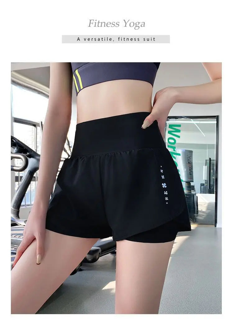 Women Yoga Pocket Shorts Fake Two Piece Anti Peek Shorts High Elastic Loose Fashion Casual Gym Trainning Three Point Pants.